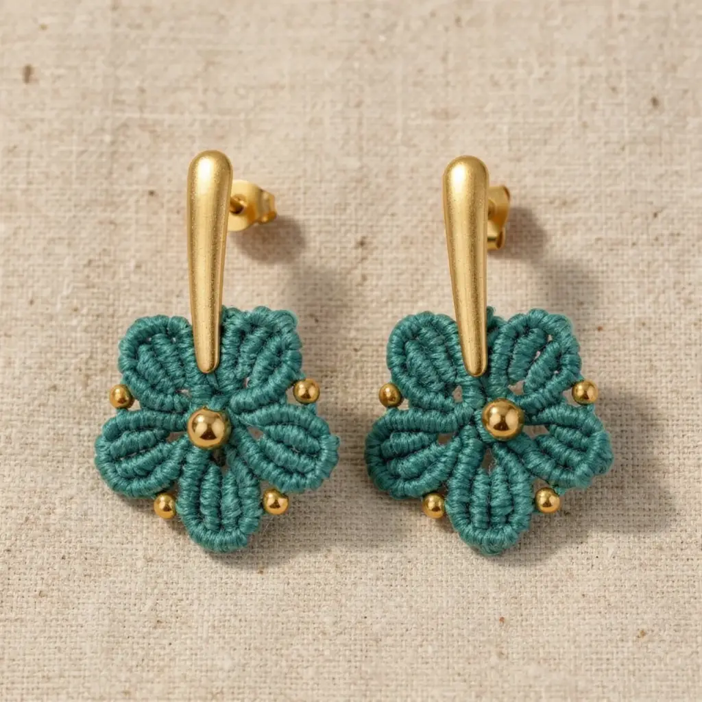 Handmade Macramé Earrings Dahlia Mint Gold in Mint and Gold.