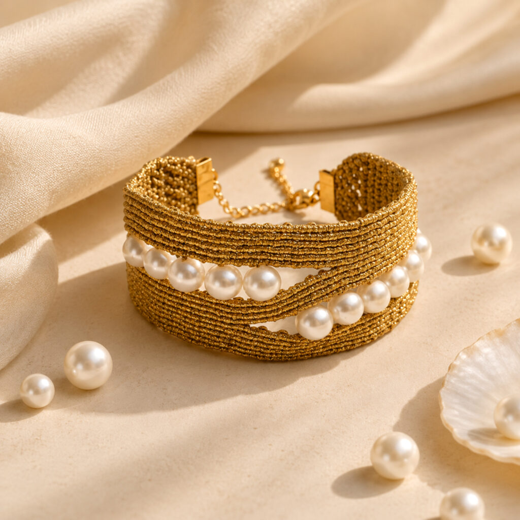 Handmade Macramé Bracelet Golden Pearl in Gold. Styled Image.