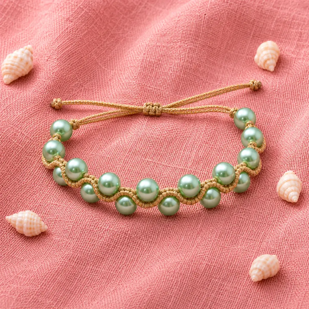 Handgefertigtes Makramee Armband Wave Pearl Green Gold Metal Gold Pillow in Grün und Gold. Stylingbild.