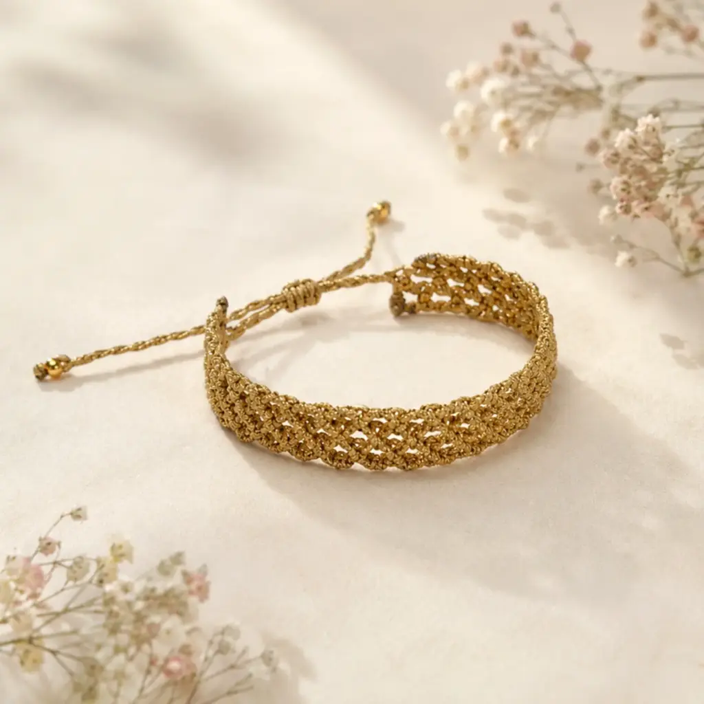 Handmade Macramé Bracelet Golden Web in Gold. Styled Image.