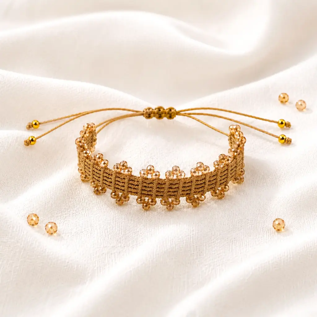 Handmade Macramé Bracelet Crystal Strings in Gold and Rosé. Styled Image.