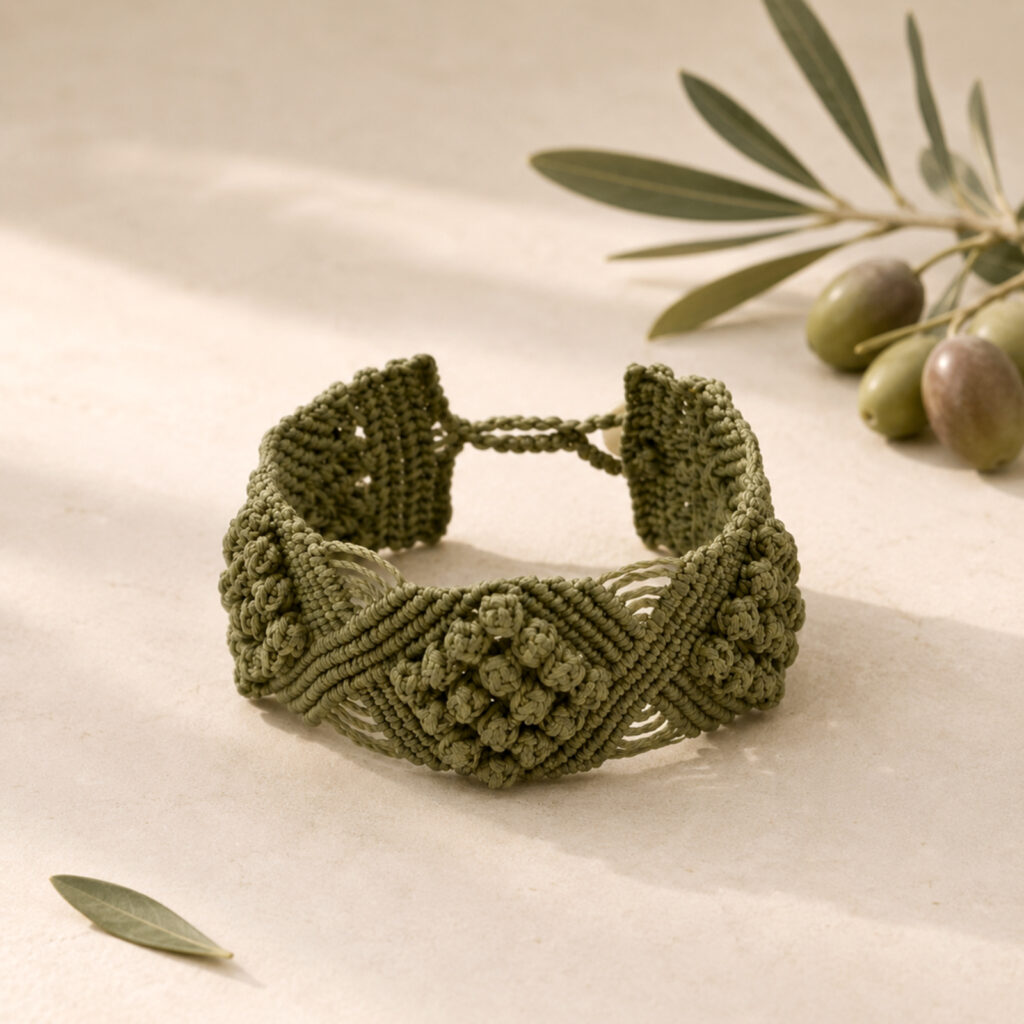Handmade Macramé Bracelet Berry Bows in Olive. Styled Image.