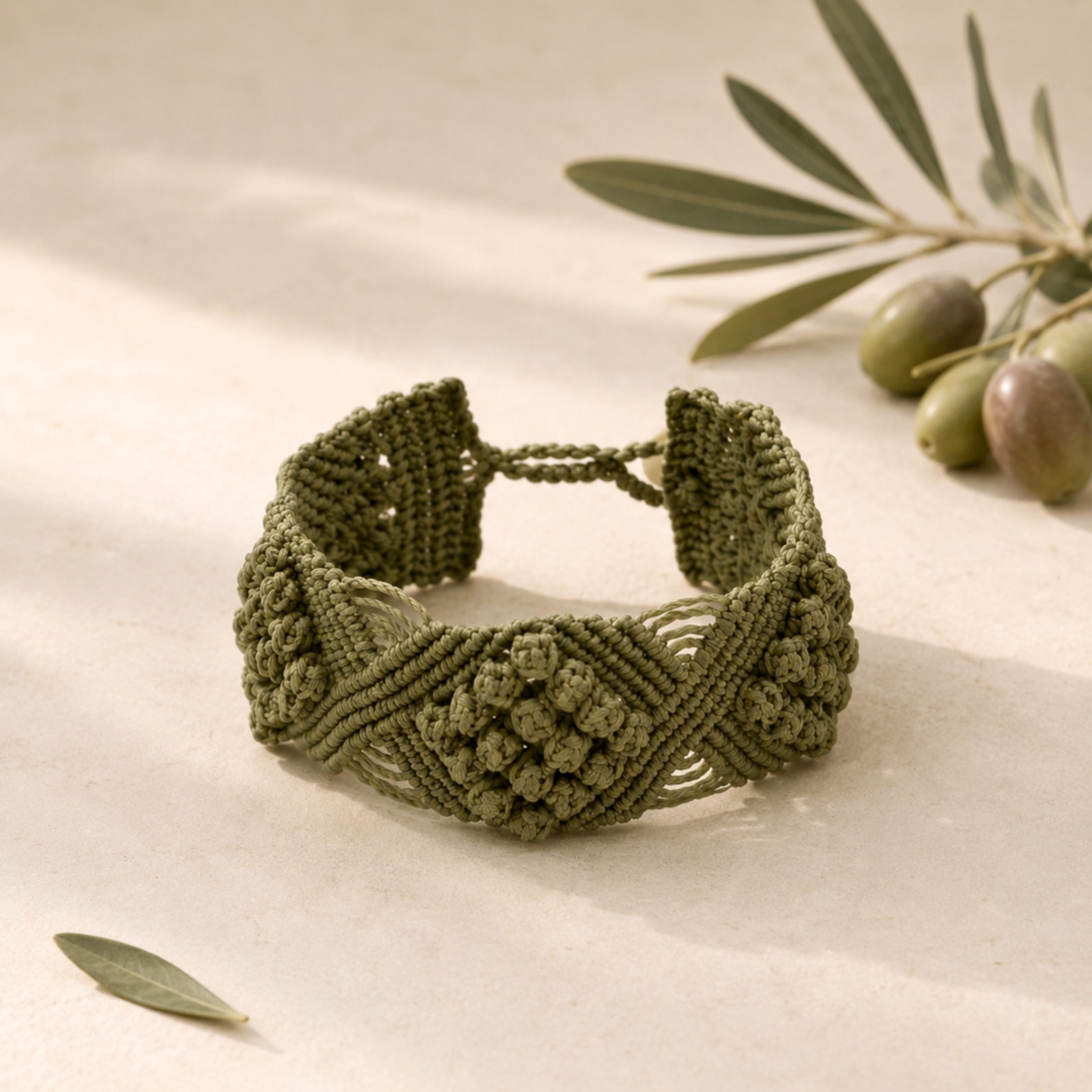 Handmade Macramé Bracelet Berry Bows in Olive. Styled Image.