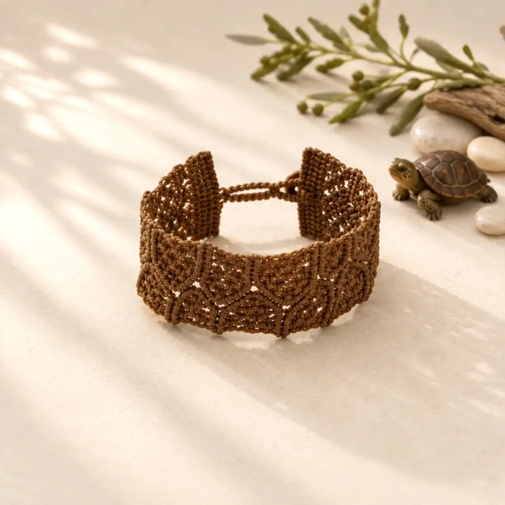 Handmade Macramé Bracelet Chelonia in Brown. Styled Image.