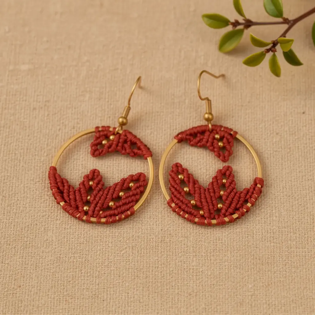 Handmade Macramé Earrings Spring in Red and Gold. Front View.