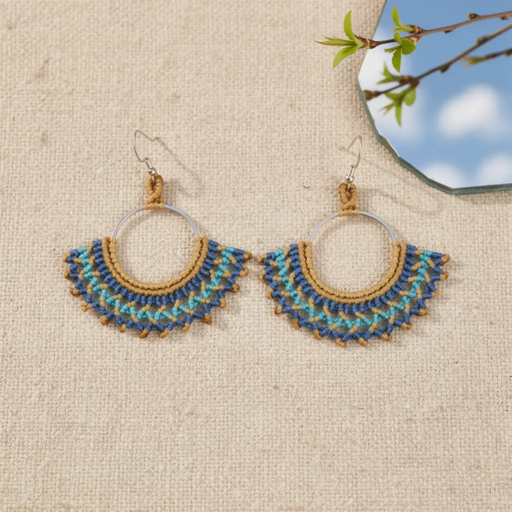 Handmade Macramé Earrings Sky in Turquoise, Blue and Silver. Styled Image.
