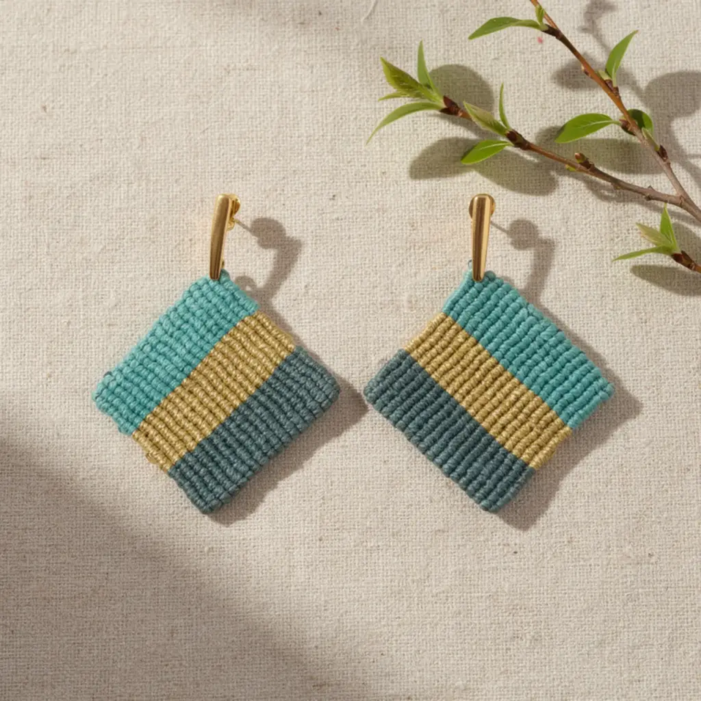 Handmade Macramé Earrings Ocean Line in Blue and Gold. Styled Image.