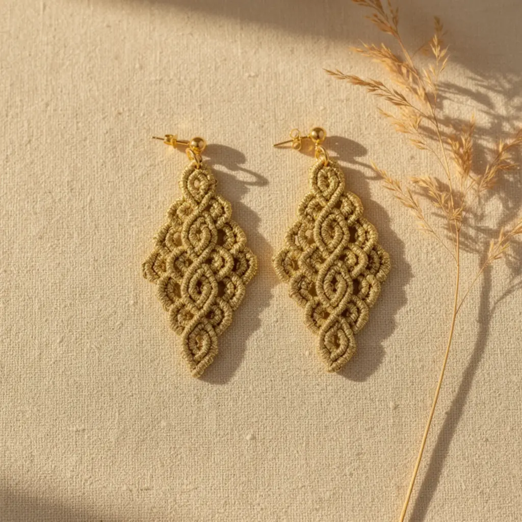 Handmade Macramé Earrings Nomads Gold in Gold. Styled Image.