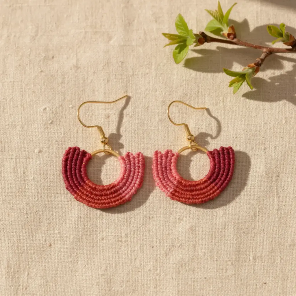 Handmade Macramé Earrings Double in Wine Red, Pink and Gold. Styled Image.