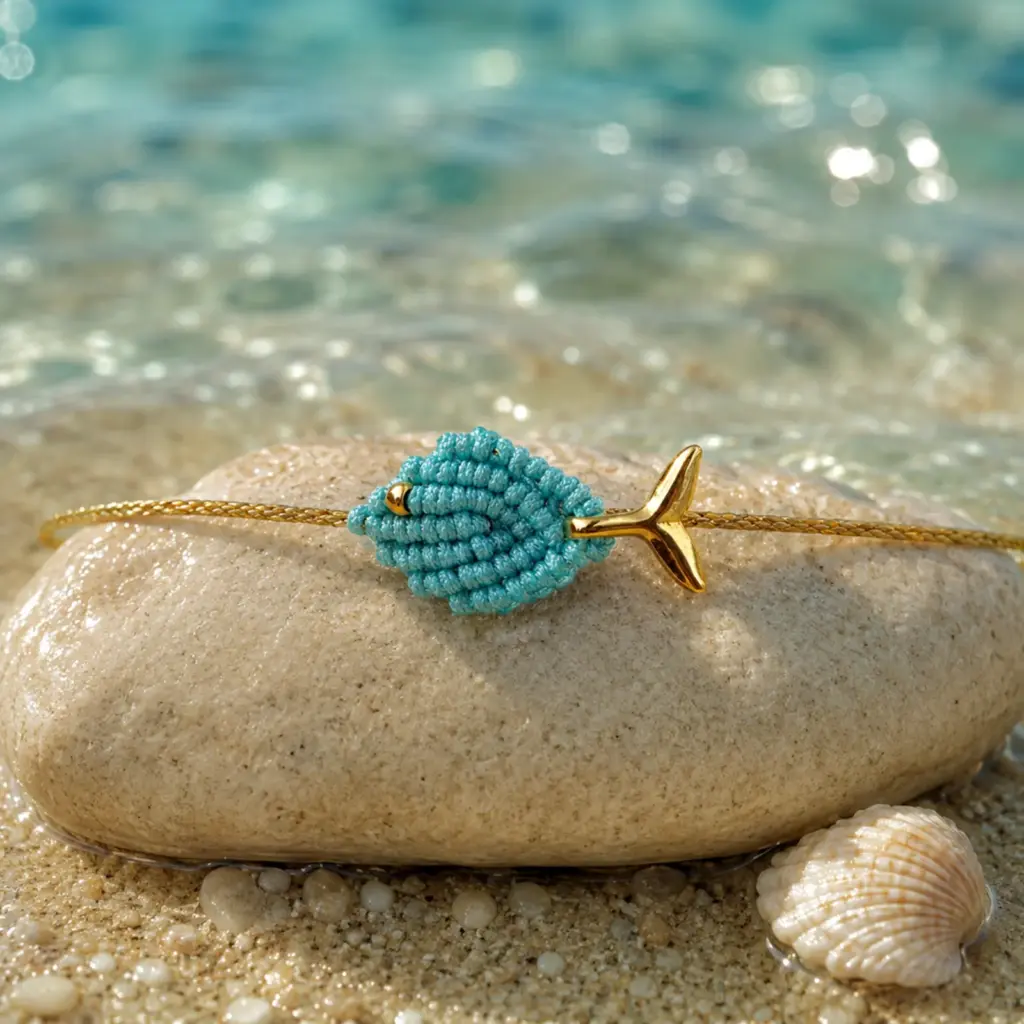 Handmade Macramé Bracelet Aqua Fish in Light Blue and Gold. Styled Image.