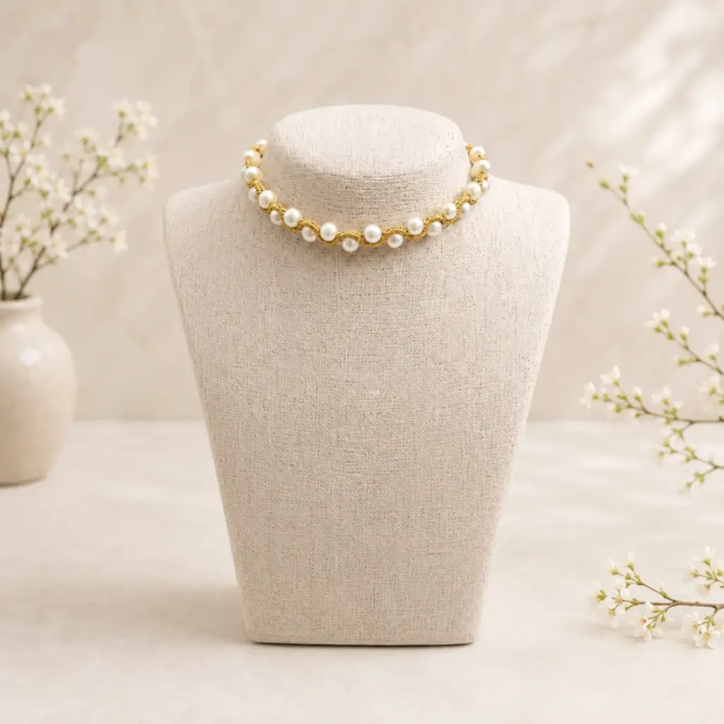 Handmade Macramé Necklace Pearl Flow in Gold and White. Styled Image.