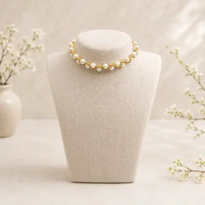 Handmade Macramé Necklace Pearl Flow in Gold and White. Styled Image.