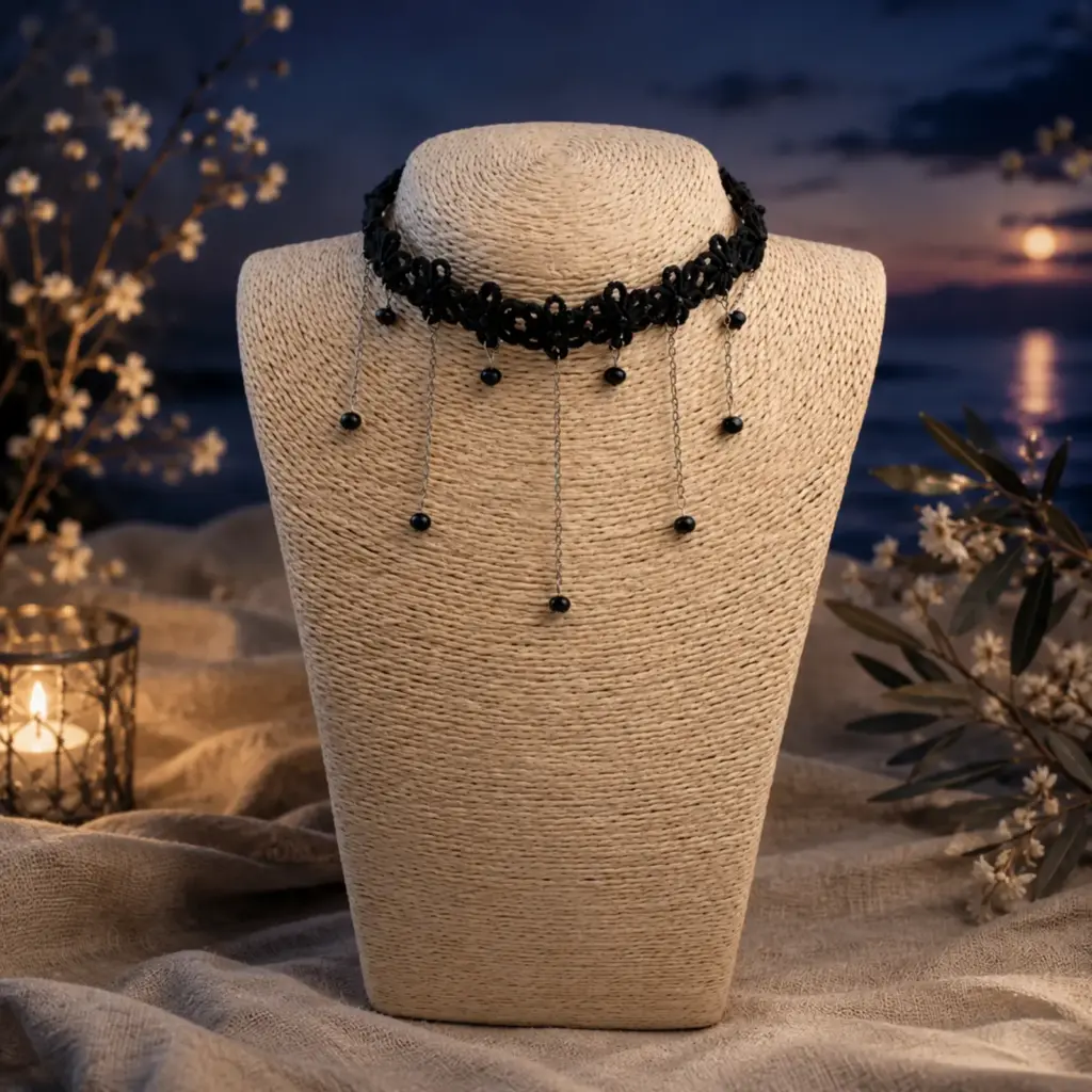 Handmade Macramé Necklace Midnight Drop in Black and Silver. Styled Image.
