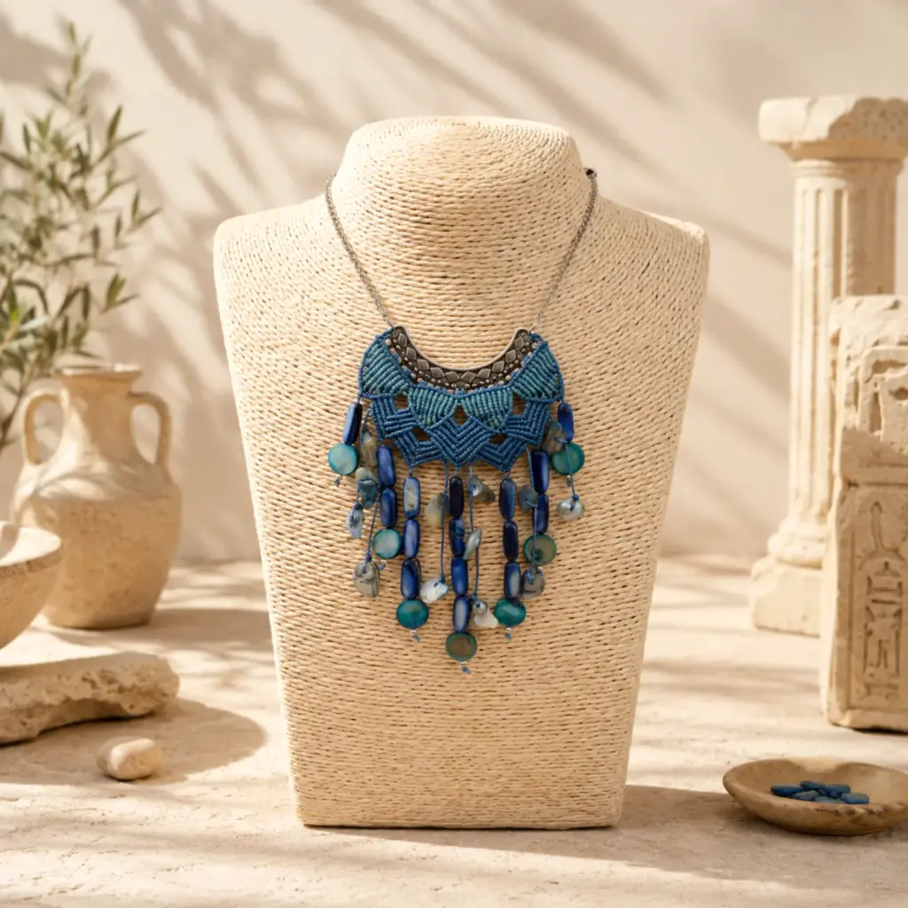 Handmade Macramé Necklace Stones Of Nephara in Blue, Light Blue and Silver. Styled Image.
